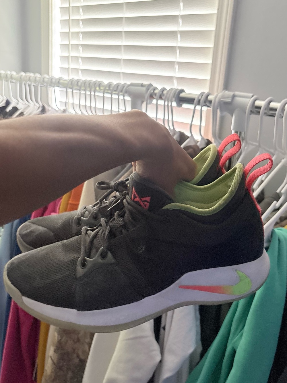 Nike Women's Black Sneakers with Neon Green Lining and Coral Pull Tabs